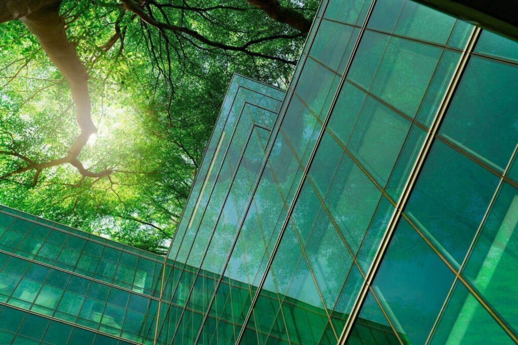 Glass building below the trees