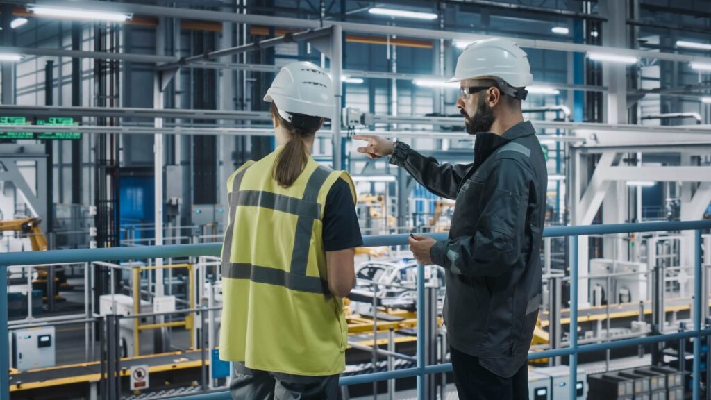 Engineers discussing work in the factory